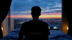 Modern Cityscape Man Looking Out Through Big Window