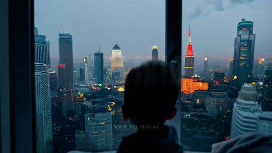 Skyscrapers Framed Through Window Child Rear View Stands In Awe