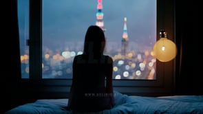 Woman Watching Skyscrapers Through Big City View Window