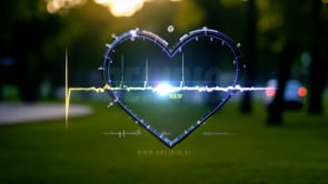 A glowing heartbeat, visualized as lines forming a heart shape, set against a peaceful park background, representing the emotional and physical aspects of health.