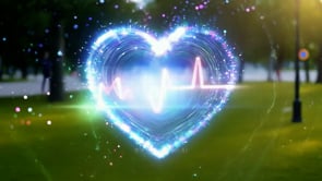 A glowing heartbeat visualized with lines in a peaceful outdoor park setting, representing life, health, and vitality in nature.