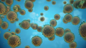 A scientific motion graphic illustrating a virus under a microscope, emphasizing health, medicine, and biological research.