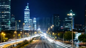 Dynamic time-lapse of a metropolis skyline, with illuminated traffic and modern city visuals.