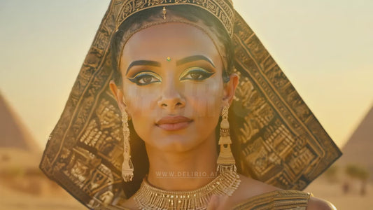 Close-up of a woman reminiscent of Cleopatra, embodying Ancient Egyptian elegance, with a blurred background of pyramids and desert to enhance her regal presence.