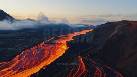 Drone footage offering a breathtaking look down into a volcano, revealing rivers of glowing lava and rising steam, creating a stunning visual contrast against the dark landscape.