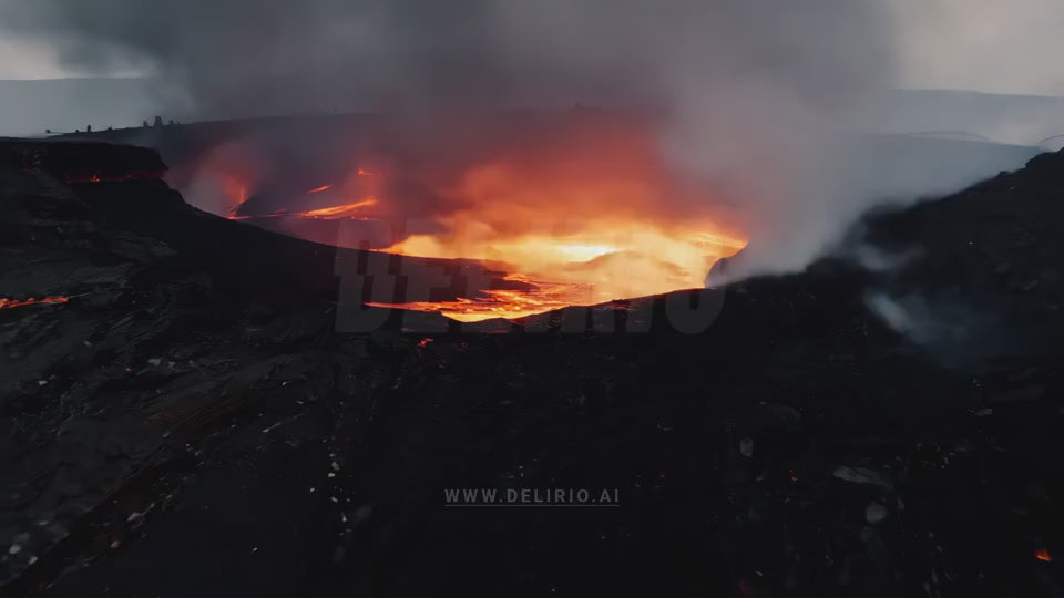 FPV rapidly approaching to a volcano erupting crater with lava and ...