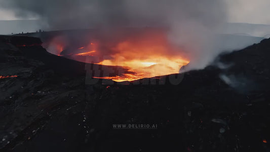 FPV rapidly approaching to a volcano erupting crater with lava and steam