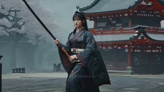 A dynamic scene of an East Asian woman warrior holding a sword in traditional clothing at a temple, set in a fantasy medieval world, blending historical and martial elements.