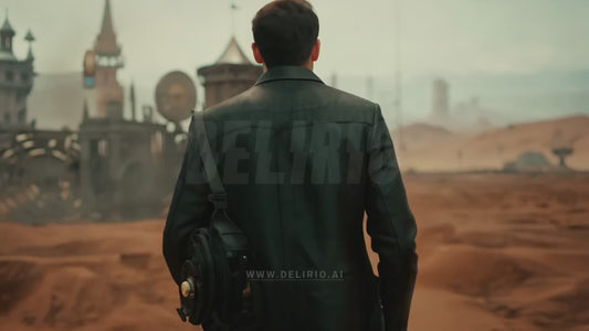 Over-the-shoulder view of a man journeying towards a vast, imaginative steampunk city nestled in a desert landscape, where steam-powered machinery meets sand and sky, creating a stark, dreamlike contrast.