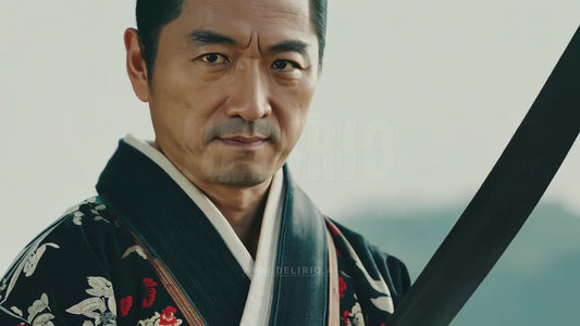 A powerful portrait of an East Asian warrior holding a sword or knife, wearing traditional clothing, with an ancient temple in the background, symbolizing history and combat.