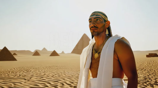 Waist-up shot of a man from Ancient Egypt, with the pyramids and desert softly blurred behind him, highlighting his attire and historical context.