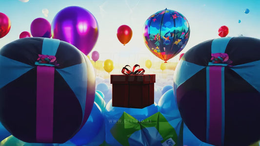 A gift box soars through a fantasy world, accompanied by colorful balloons and other floating presents.