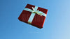 A gift box gracefully descends from the sky to a charming house, symbolizing a Christmas present.