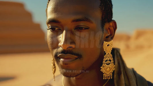 Close-up of a man from Ancient Egypt adorned with striking golden earrings, set against a blurred backdrop of pyramids and desert sands, highlighting his cultural significance.