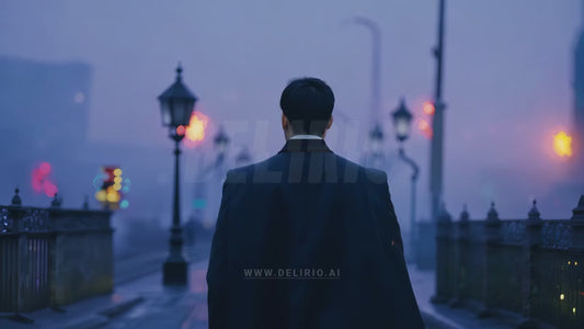 Rear view of a man crossing an ancient bridge in a European city reminiscent of Prague, shrouded in the soft glow of evening fog, evoking a sense of nostalgia and old-world charm.