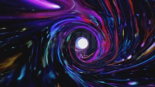 A vibrant, multi-colored journey through a wormhole, into the vastness of space and planetary systems.