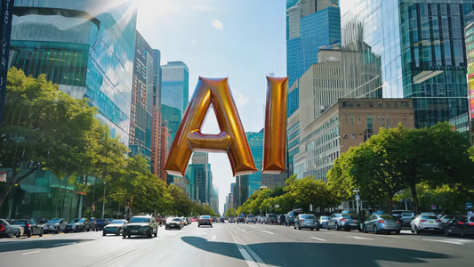 Playful AI letters with orange balloon textures floating above a modern city avenue, creating a vibrant look.