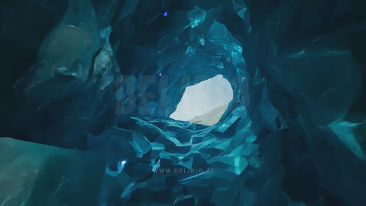 The FPV drone transitions from a mysterious cave into a vast open field, showcasing a blend of fantasy elements and natural beauty.