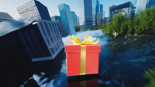 A gift box flies over an imaginary cityscape, seen from a wide-angle perspective, creating a fantastical viewpoint.