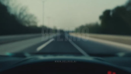 A point-of-view from a self-driving car, where holographic AI letters appear on the windshield, showcasing futuristic technology in motion.