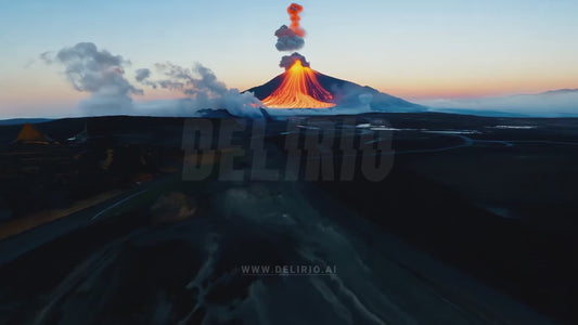 FPV rapidly approaching to a volcano erupting with rivers of lava