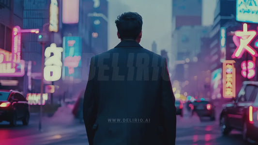 Slow-motion rear view of a man walking through a futuristic Asian metropolis, where neon signs pierce the fog, blending tradition and technology in a vibrant, pulsating environment.