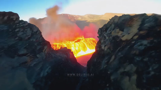 FPV flying into a volcano crater with a lava waterfall