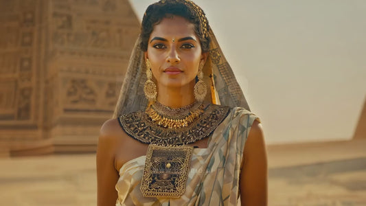 A woman from Ancient Egypt set against a blurred background of pyramids and hieroglyphs, evoking the ancient culture and history of her civilization.