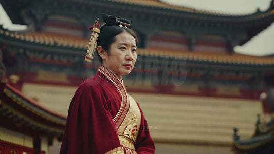 A portrait of an elderly East Asian woman in traditional clothing, filmed with a dolly-in camera technique at a temple, symbolizing wisdom and cultural history.