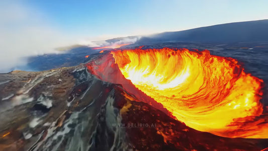 An aerial view capturing the intense beauty of a volcano, showcasing molten lava flowing ominously close, emphasizing the raw power of nature.