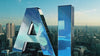 AI letters with a realistic blue texture floating above an aerial view of the city, blending urban and tech vibes.