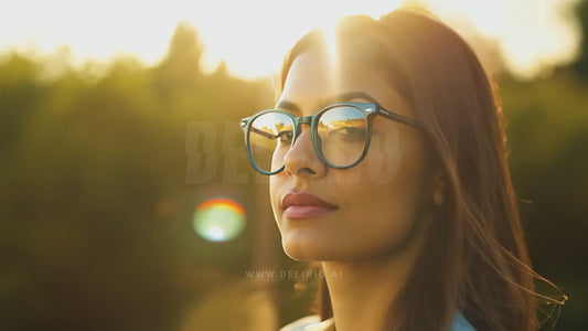 A futuristic concept of AI-powered augmented reality glasses where a woman interacts with integrated AI letters, blending the digital world with the physical.