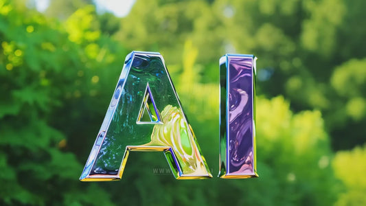 AI letters with a realistic multi-colored liquid glass texture, set in a green outdoor park setting.