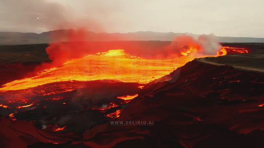 Flying inside a volcano with lava and steam AI generated footage