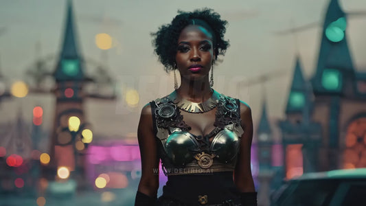 A Black woman adorned in steampunk attire, her outfit capturing the essence of retro-futurism, with a blurred bokeh background set in a whimsical, fantasy world, evoking an air of mystery and adventure.