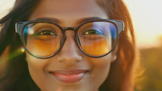 Close-up of a woman wearing augmented reality glasses with futuristic technology features.