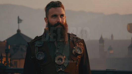 A white man with a long beard stands in a steampunk-inspired fantasy world, where the background is blurred, creating a sense of depth and mystery that highlights the merging of past and future technologies.