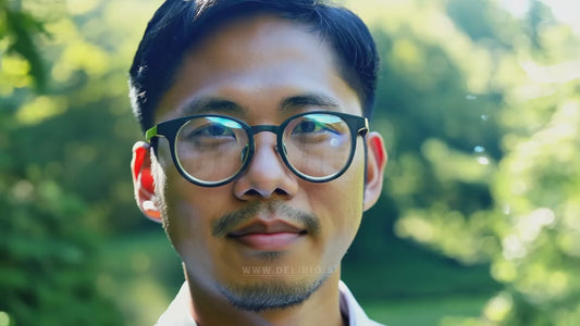 A close-up of an Asian man wearing augmented reality glasses, enhanced with digital effects for a high-tech look.