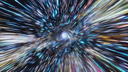 Hyper-speed visuals of a journey through a wormhole, passing stars and galaxies in seconds.