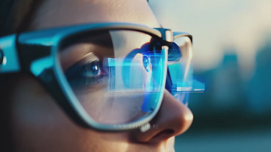 A close-up shot of a woman�s eyes with holographic graphics on her augmented reality glasses, showing the power of wearables.