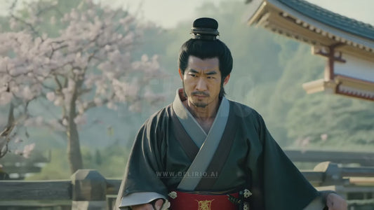 A serene portrait of an East Asian man in traditional clothing, standing in front of a temple with blossoming trees, capturing the beauty of spring and cultural heritage.