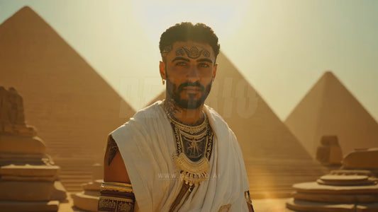 A man from Ancient Egypt, showcasing intricate tattoos that tell a story, with the iconic pyramids and desert providing a striking blurred backdrop.