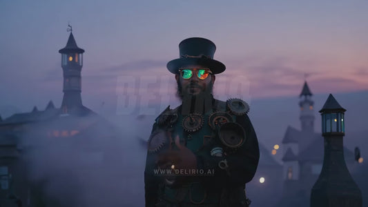 A man dressed in intricate steampunk cosplay, complete with a hat and striking red and green glasses, set against the backdrop of a sprawling steampunk city, filled with towering brass structures and chimneys.