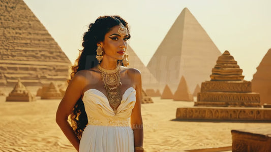 A dolly-in shot approaching a woman dressed in attire reflecting Ancient Egyptian history, with the iconic pyramids and vast desert softly blurred in the background.