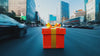 A present box travels down a city road, offering a first-person journey experience from the box�s perspective.