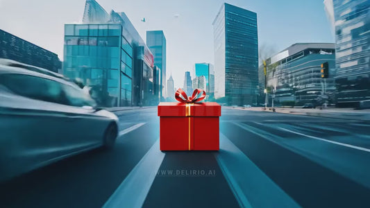 A gift box journeys along a city road, seen from a personal perspective, offering a sense of adventure and exploration.