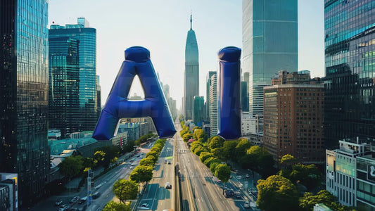 Floating AI letters with a blue balloon texture over a modern city avenue, creating a whimsical and modern look.