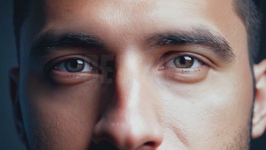 Augmented reality glasses displayed in front of a man�s face in a close-up shot, capturing the concept of wearable tech.