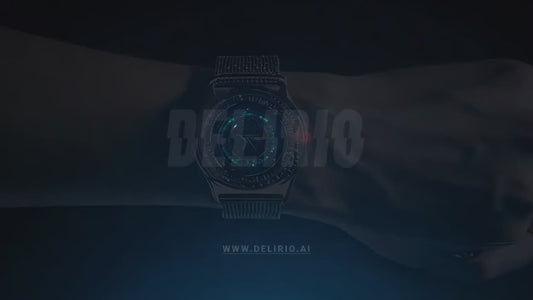 A smartwatch concept featuring futuristic digital electronic particles in the background, illustrating cutting-edge wearable technology.