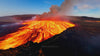 FPV drone footage gliding over the edge of a crater volcano, where the bubbling lava showcases its fiery essence, providing a close-up view of nature's fury.